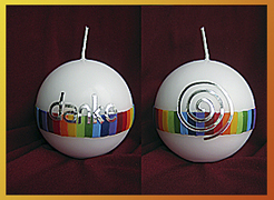 Kugelkerze Motiv Regenbogenband und Schriftzug DANKE