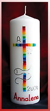 Motiv "farbenkreuz", 200/70 mm, Kreuz in Regenbogenfarben, Alpha und Omega, Fische