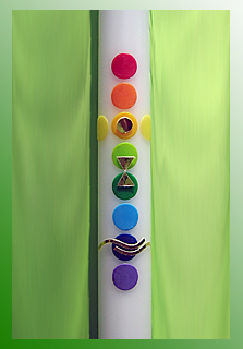 Kommunionkerze mit Kreuz aus Punkten in Regenbogenfarben und Symbolen zur Kommunion