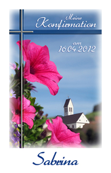 Firmkerze Konfirmationskerze mit Bl&uuml;ten, Kirche und Kreuz; aufgedrucktes Motiv