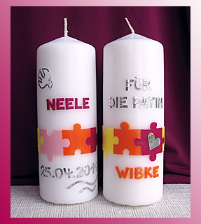 Patenkerze Puzzle mit Taube, Wellen und Herz