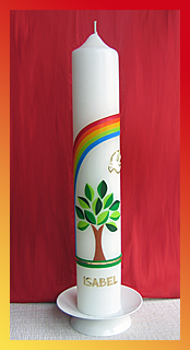Taufkerze "Natur"; modernes Motiv mit Baum, Regenbogen und Taube