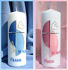 Motiv "Taube", 200/70 mm; Details: ton in Ton in Blau oder Rosa mit Kreuz, Taube, Alpha und Omega