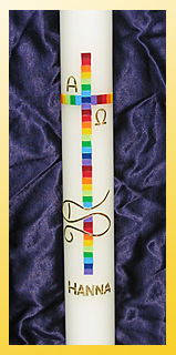 Motiv "farbenkreuz", 400/40 mm, Kreuz in Regenbogenfarben, Alpha und Omega, Fische