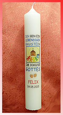 Die Kerze passt zum Motiv "Wir sind lebendige Bausteine in Gottes Kirche" Kommunionkerze mit Motiv "Lebendige Bausteine im Hause Gottes"