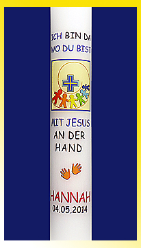Zum Beispiel passend zum Motto: "Ich bin da, wo du bist", "Mit Jesus Hand in Hand" oder "Jesus, unser Freund". Kommunionkerze zum Motto "Ich bin da, wo du bist"