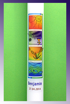 Die modernen Bildchen zeigen wichtige Symbole zur Erstkommunion: Sonne, Rebe und Wein, Getreideähre, Wasser und Fische lange Kommunionkerze, moderne farbenfrohe Bilder