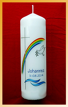Taufkerze mit Regenbogen und Taube, mit oder ohne Kreuz Taufkerze mit Regenbogen und Taube, mit oder ohne Kreuz