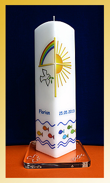 kindgerechte Taufkerze mit christlichen Symbolen zur Schöpfung Taufkerze Quaderkerze Regenbogen Sonne Kreuz Taufe