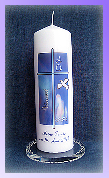 Taufkerze Motiv "Himmel" mit christlichen Symbolen in verschiedenen Farbvarianten Motiv "Himmel" mit christlichen Symbolen