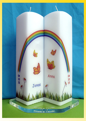 Kerzenset für Zwillinge oder Geschwister: Motiv “Schmetterlinge unterm Regenbogen" Set Taufkerzen Zwillinge Schmetterlinge Regenbogen