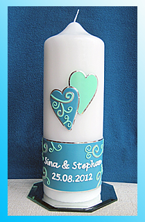 Moderne, romantische Hochzeitskerze in mintgr&uuml;n, t&uuml;rkis und silber
