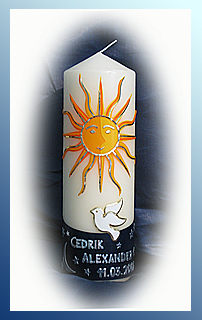 Taufkerze Sonne mit Himmel und Taube