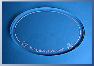 Motiv-Kerzenteller zur Taufe, oval: "Du gehörst zu uns", Kunstglas